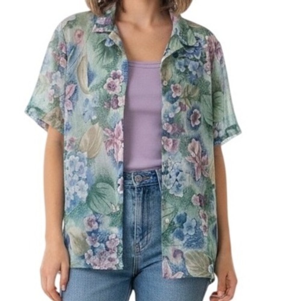 Alfred‎ Dunner Floral Blouse Womens 6P Multicolor Sheer Short Sleeve Layering